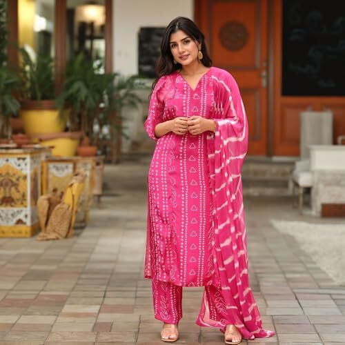 Gosriki Women's Rayon Viscose Straight Bandhej Printed Kurta With Pant & Dupatta (Baghira Pink-Vks02-Gs_L_Pink_Large)