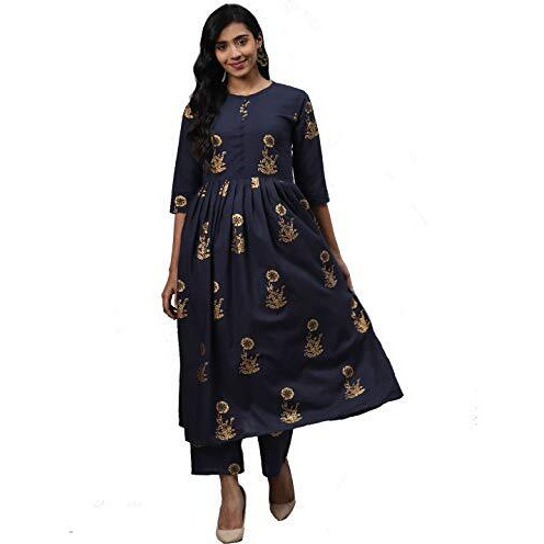 Gosriki Women's Navy Blue & Golden Floral Printed Kurta With Palazzos