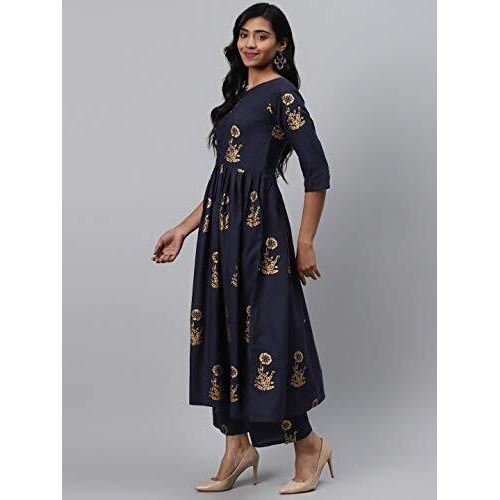 Gosriki Women's Navy Blue & Golden Floral Printed Kurta With Palazzos