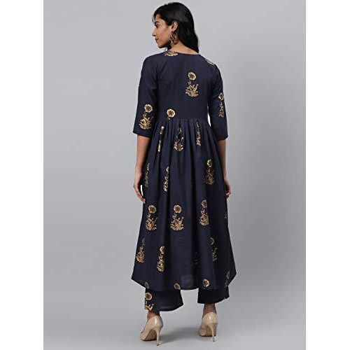 Gosriki Women's Navy Blue & Golden Floral Printed Kurta With Palazzos