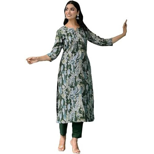 Gosriki Women's Rayon Blend Straight Printed Kurta With Pant (Oldmi Green-Vks01-Gs_Xl_Green_X-Large)