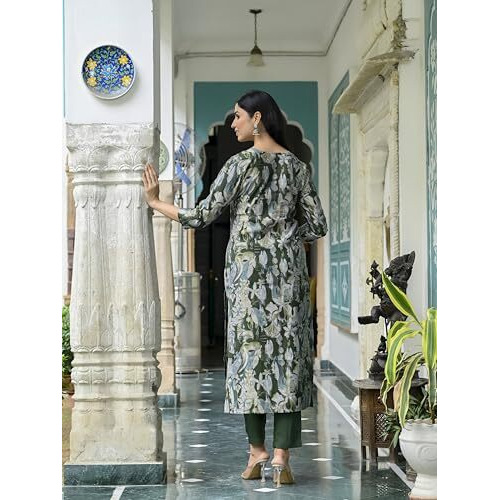 Gosriki Women's Rayon Blend Straight Printed Kurta With Pant (Oldmi Green-Vks01-Gs_Xl_Green_X-Large)