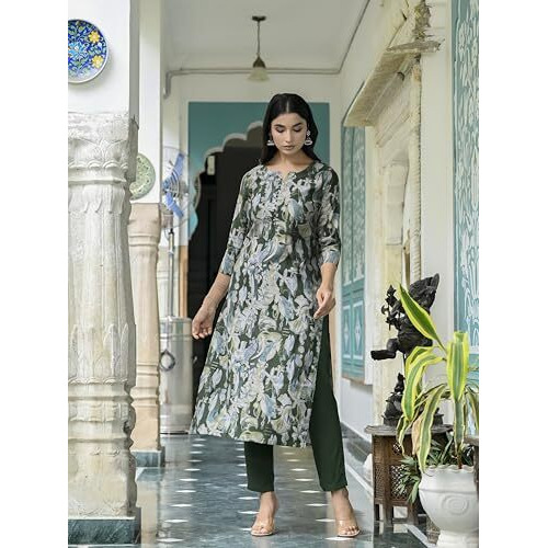 Gosriki Women's Rayon Blend Straight Printed Kurta With Pant (Oldmi Green-Vks01-Gs_Xl_Green_X-Large)
