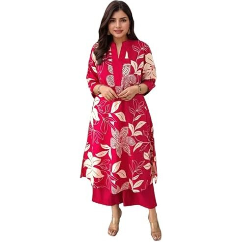 Gosriki Women's Rayon Viscose Straight Printed Kurta With Palazzo (Savya Pink-Vks02-Gs_M_Pink_Medium)
