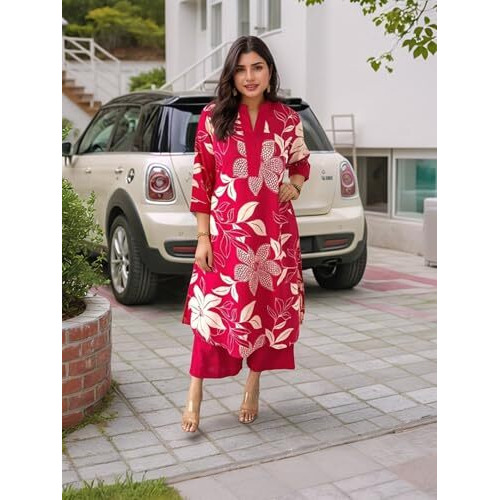Gosriki Women's Rayon Viscose Straight Printed Kurta With Palazzo (Savya Pink-Vks02-Gs_M_Pink_Medium)