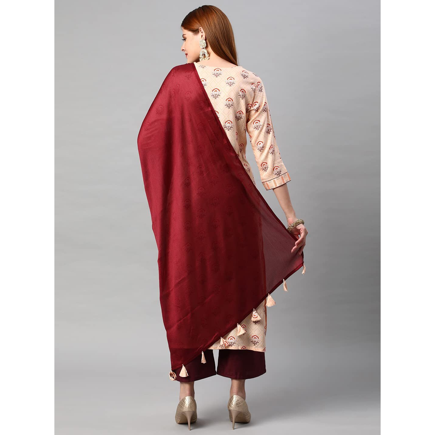 Gosriki Women's Cotton Blend Floral Printed Straight Kurta With Pant & With Dupatta (Amd 28-Cream_M-Gs_Cream_Medium)