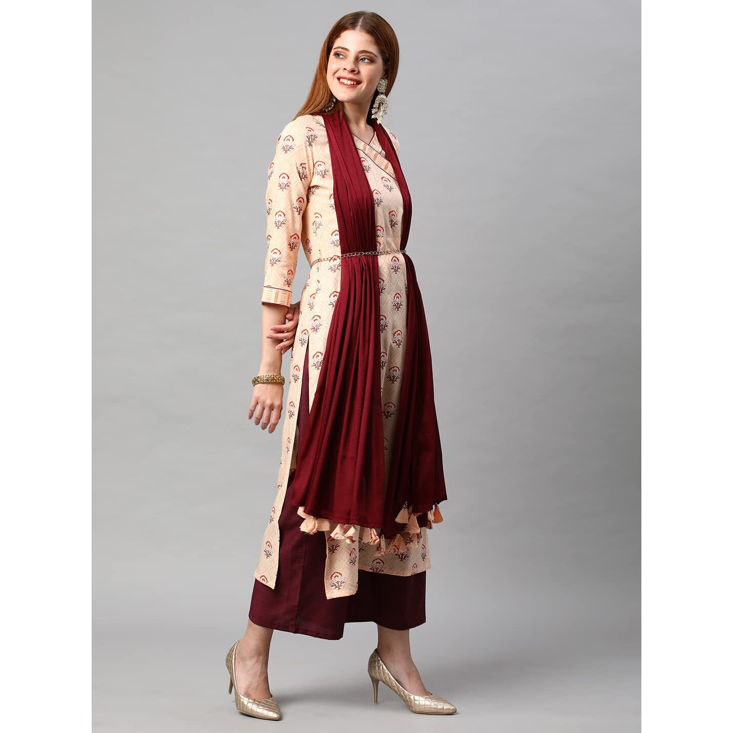 Gosriki Women's Cotton Blend Floral Printed Straight Kurta With Pant & With Dupatta (Amd 28-Cream_M-Gs_Cream_Medium)