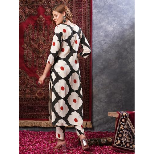 Gosriki Women's Rayon Blend Straight Printed Kurta With Pant (Chunilal White-Vks02-Gs_S_Black_Small)