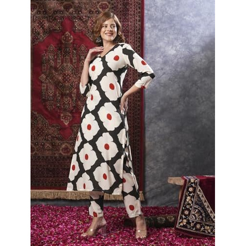 Gosriki Women's Rayon Blend Straight Printed Kurta With Pant (Chunilal White-Vks02-Gs_S_Black_Small)