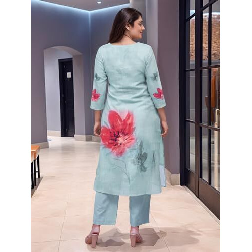 Gosriki Women's Rayon Viscose Straight Printed Kurta With Pant (Susan Sky-Vks05-Gs_L_Sky Blue_Large)