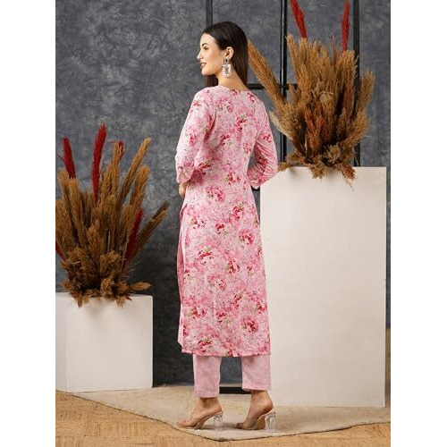 Gosriki Women's Cotton Blend Straight Printed Kurta With Pant (Bhutam Pink-Gs_S_Pink_Small)