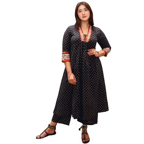 Gosriki Women's Rayon Blend Anarkali Printed Kurta With Pant (Karidos Black-Vks05-Gs_M_Black_Medium)