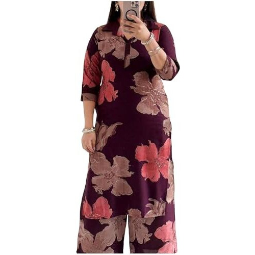 Gosriki Women's Rayon Viscose Printed Straight Kurta With Palazzo (Ishir Wine-Gs_L_Wine_Large)