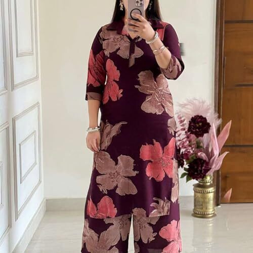 Gosriki Women's Rayon Viscose Printed Straight Kurta With Palazzo (Ishir Wine-Gs_L_Wine_Large)