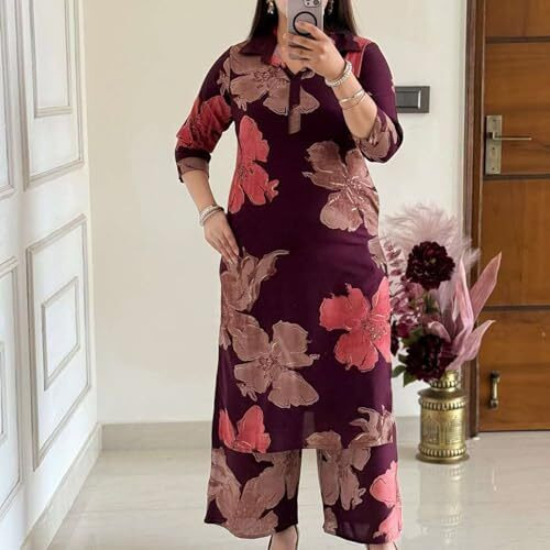 Gosriki Women's Rayon Viscose Printed Straight Kurta With Palazzo (Ishir Wine-Gs_L_Wine_Large)