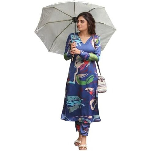Gosriki Women's Rayon Viscose Straight Printed Kurta With Pant (Barish Blue-Vks02-Gs_M_Blue_Medium)
