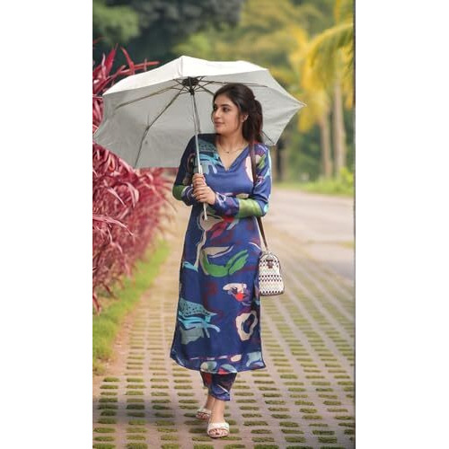 Gosriki Women's Rayon Viscose Straight Printed Kurta With Pant (Barish Blue-Vks02-Gs_M_Blue_Medium)