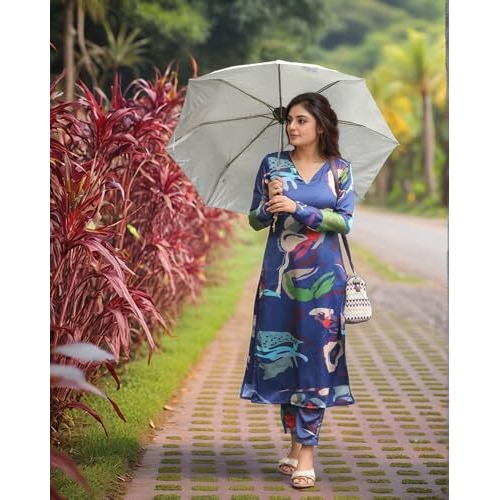 Gosriki Women's Rayon Viscose Straight Printed Kurta With Pant (Barish Blue-Vks02-Gs_M_Blue_Medium)