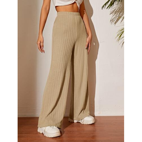 Toplot Women's Ribbed Knit Wide-Leg Pants(Jqrd-Trouser-5252-Cream-28)