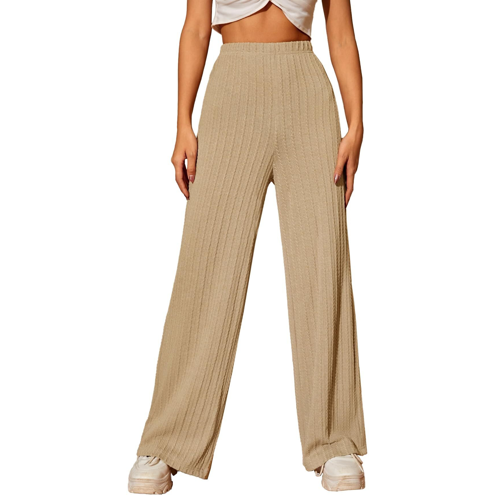 Toplot Women's Ribbed Knit Wide-Leg Pants(Jqrd-Trouser-5252-Cream-30)