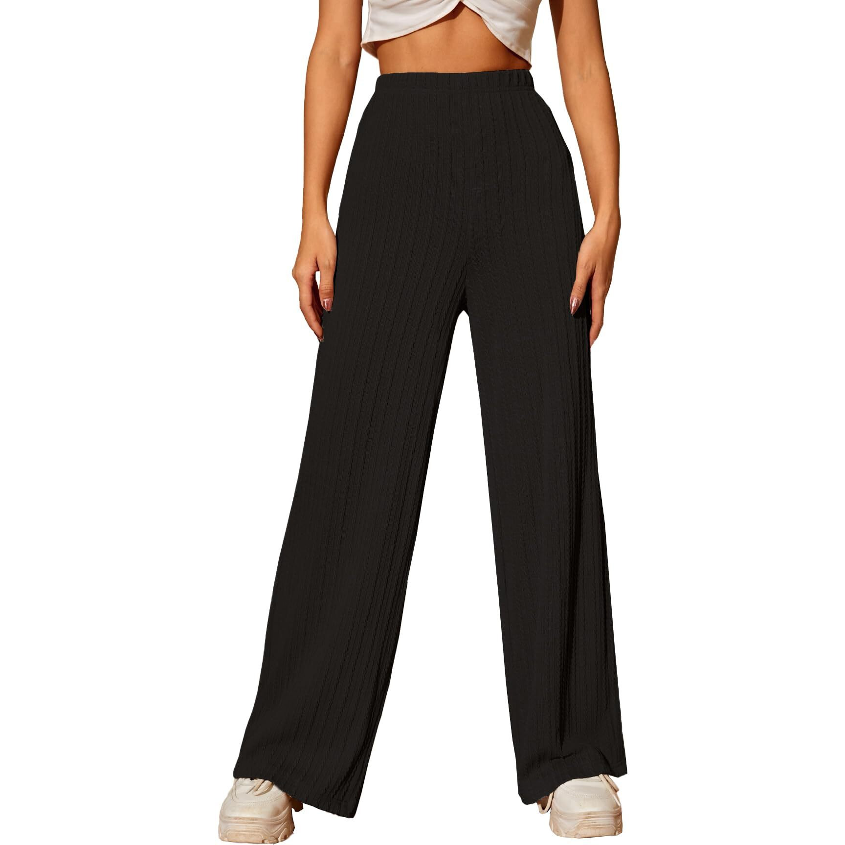 Toplot Women's Ribbed Knit Wide-Leg Pants(Jqrd-Trouser-5252-Black-34)