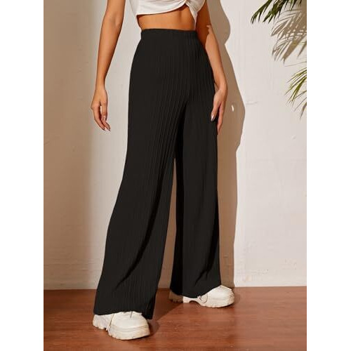 Toplot Women's Ribbed Knit Wide-Leg Pants(Jqrd-Trouser-5252-Black-34)