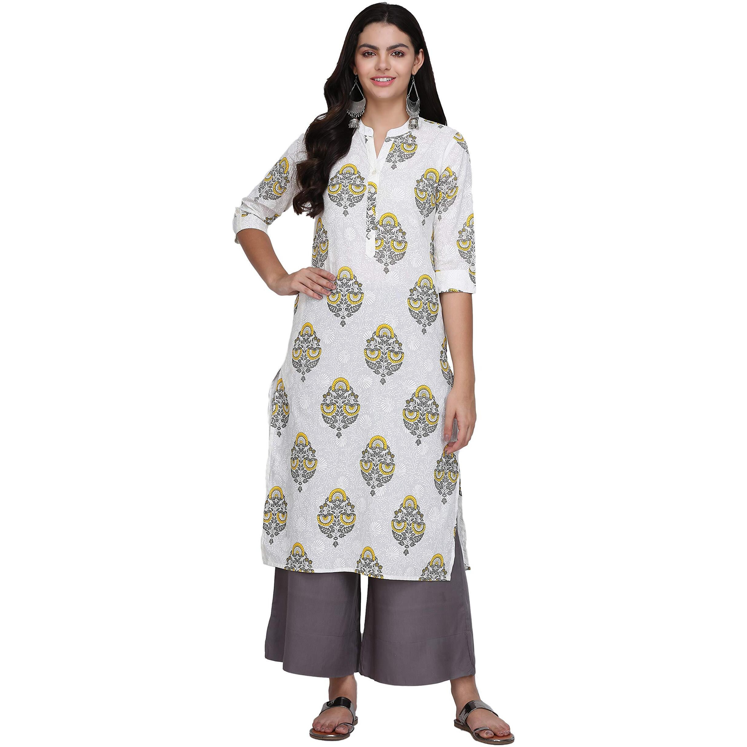 Gosriki Women's White Color Cambric Fancy Long Straight Block Print Kurti (Shree Kur190111_White)