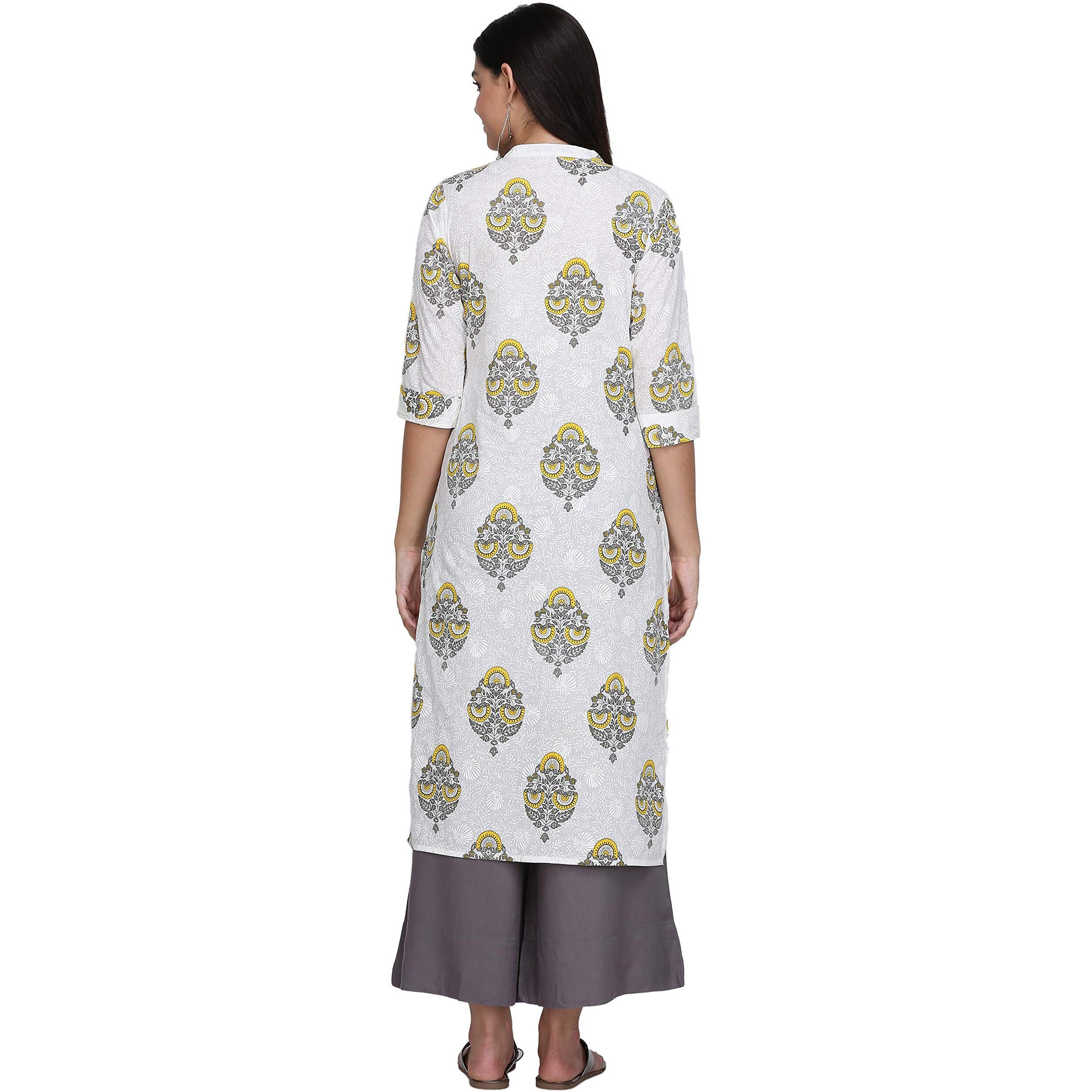 Gosriki Women's White Color Cambric Fancy Long Straight Block Print Kurti (Shree Kur190111_White)