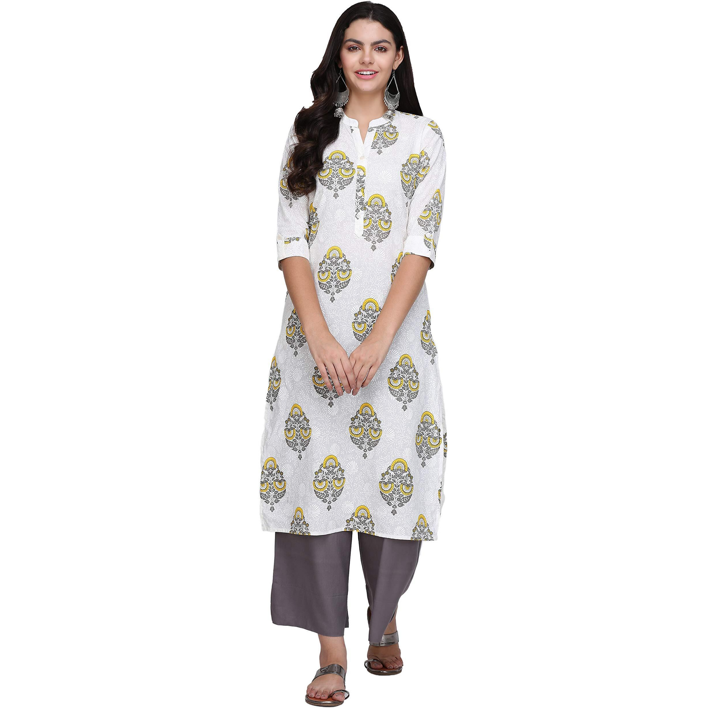 Gosriki Women's White Color Cambric Fancy Long Straight Block Print Kurti (Shree Kur190111_White)