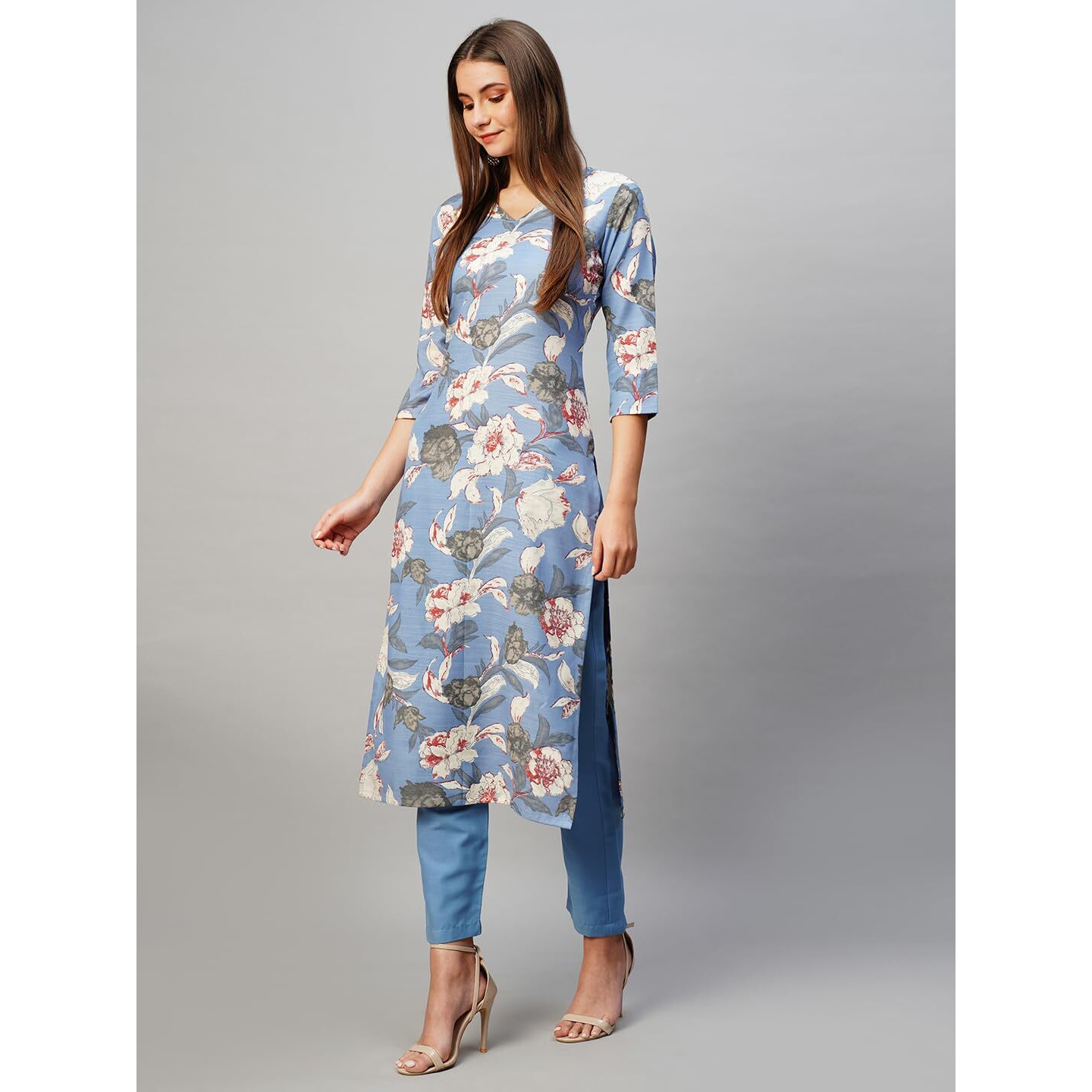Gosriki Women's Rayon Straight Printed Kurta With Pant Set (Dhun-Blue-Ksv-Gs_S_Blue_Small)