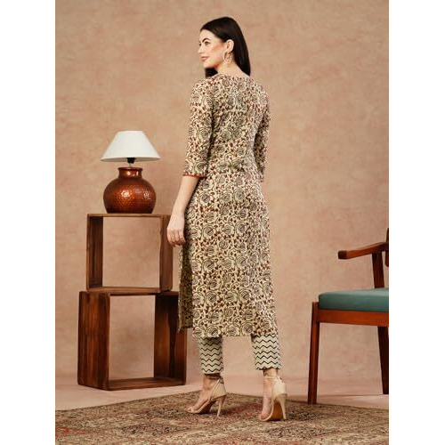 Gosriki Women's Cotton Blend Straight Printed Kurta With Pant (Gattu Beige-Gs_L_Beige_Large)