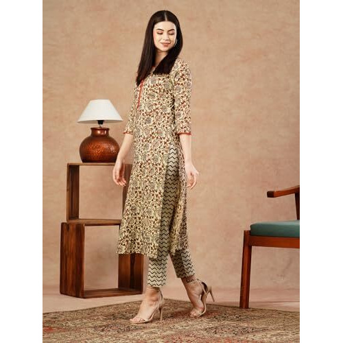 Gosriki Women's Cotton Blend Straight Printed Kurta With Pant (Gattu Beige-Gs_L_Beige_Large)