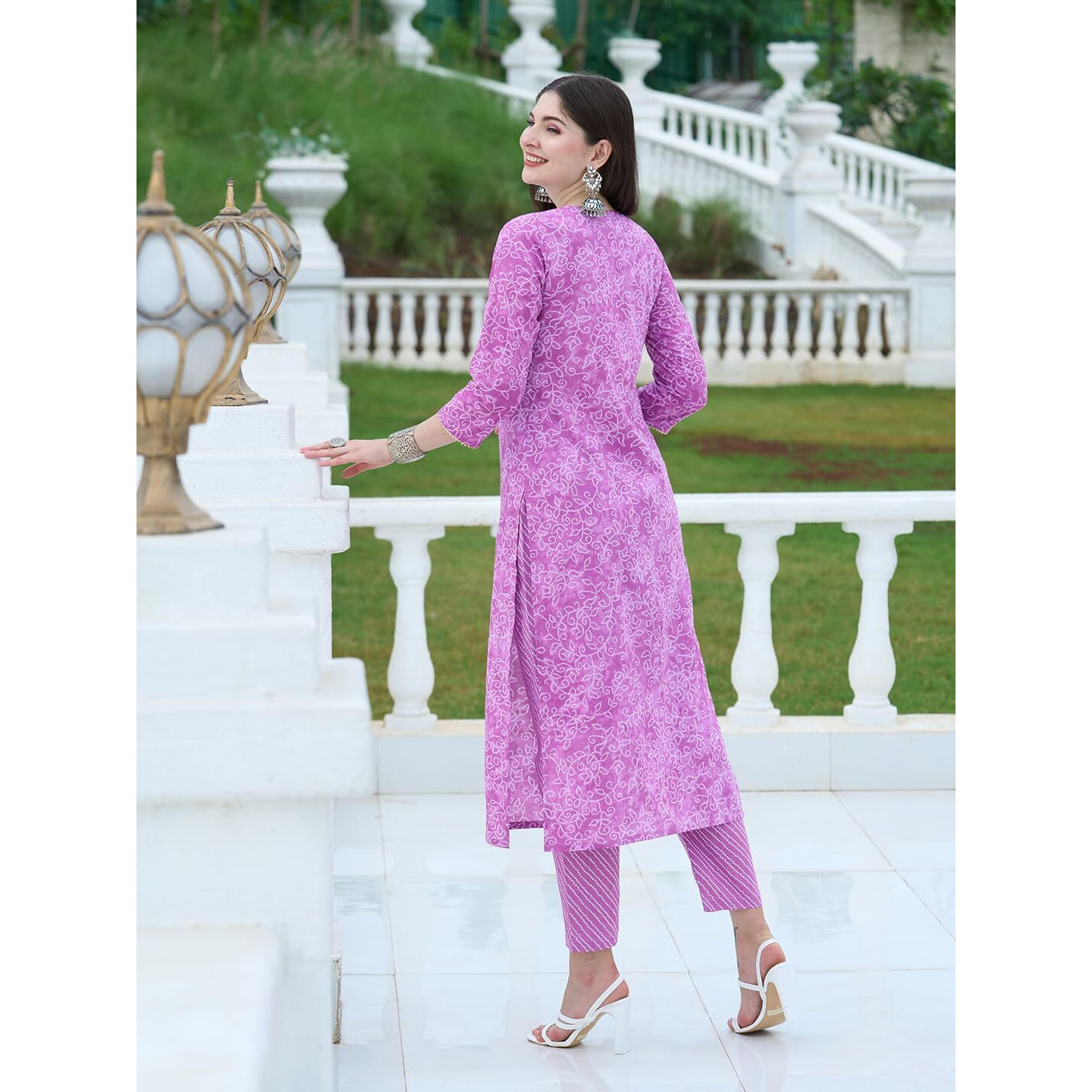 Gosriki Women's Cotton Blend Straight Printed Kurta With Pant Set (Edf-Purple-Gs_M_Purple_Medium)