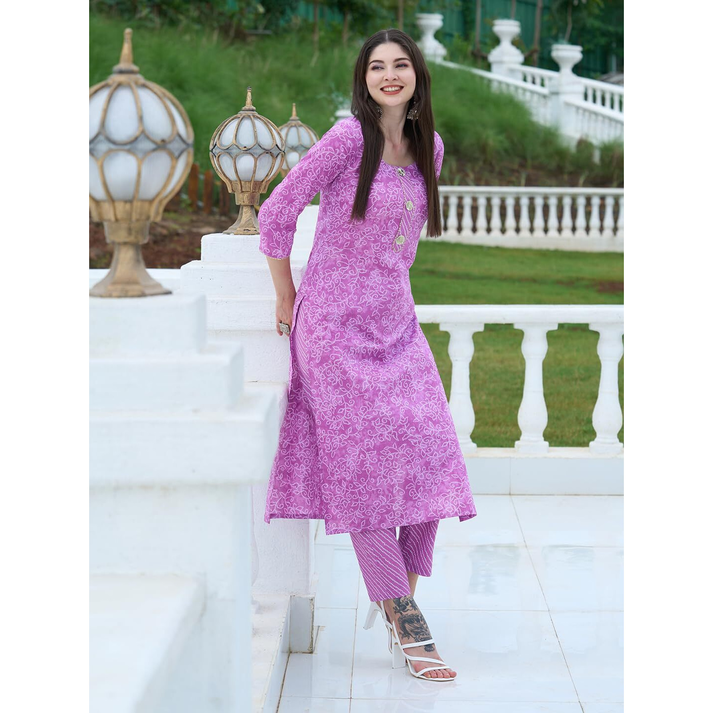 Gosriki Women's Cotton Blend Straight Printed Kurta With Pant Set (Edf-Purple-Gs_M_Purple_Medium)