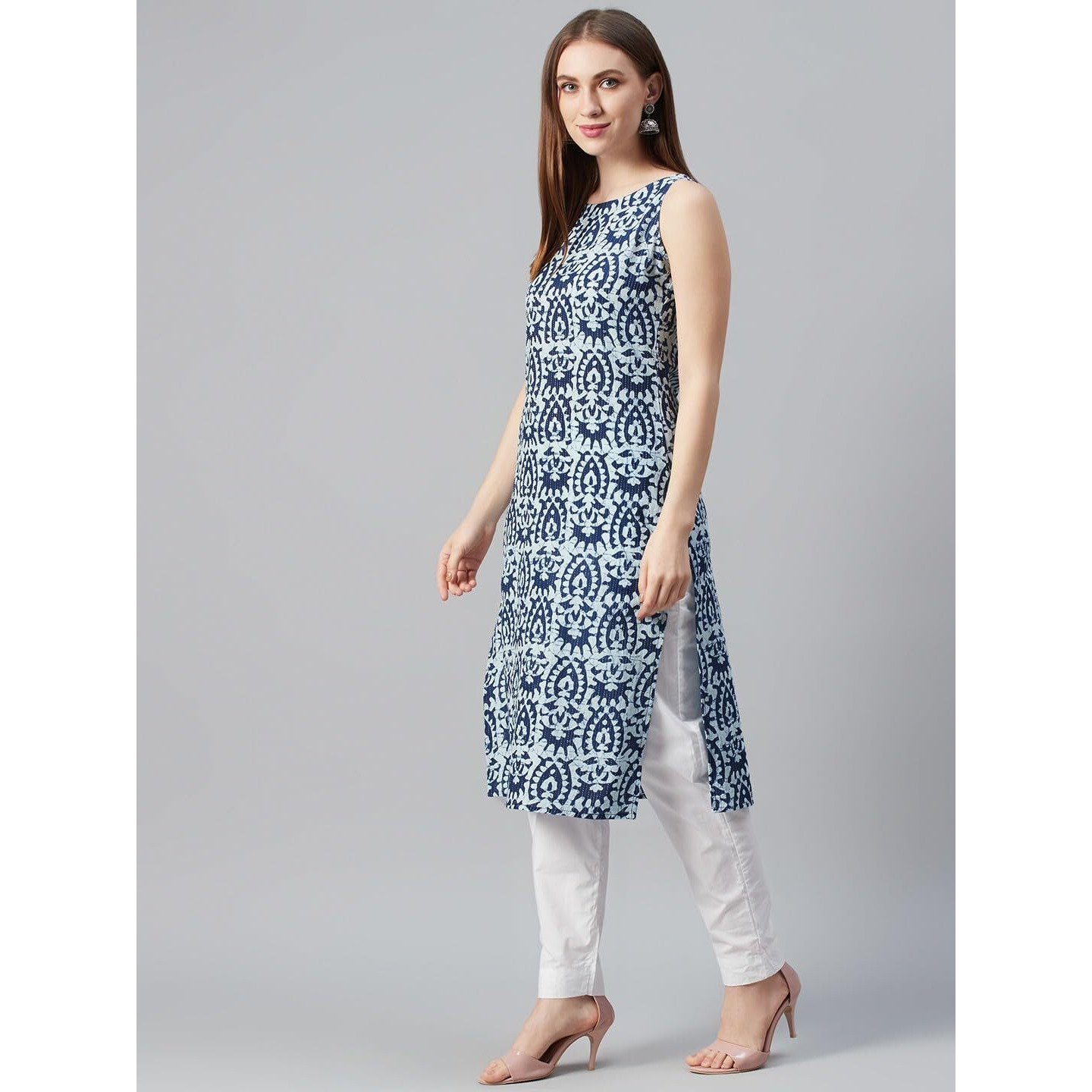 Gosriki Women's Rayon Blend Straight Printed Kurta (Ccd Blue-Gs_S_Blue_Small)