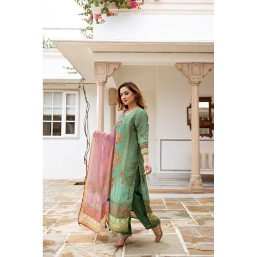 Gosriki Women's Rayon Viscose Straight Printed Kurta With Pant & Dupatta (Champika Pista-Vks01-Gs_S_Green_Small)