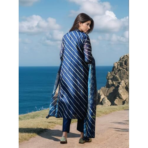 Gosriki Women's Rayon Viscose Straight Leheriya Printed Kurta With Pant & Dupatta (Doremi Navy-Vks05-Gs_L_Navy_Large)