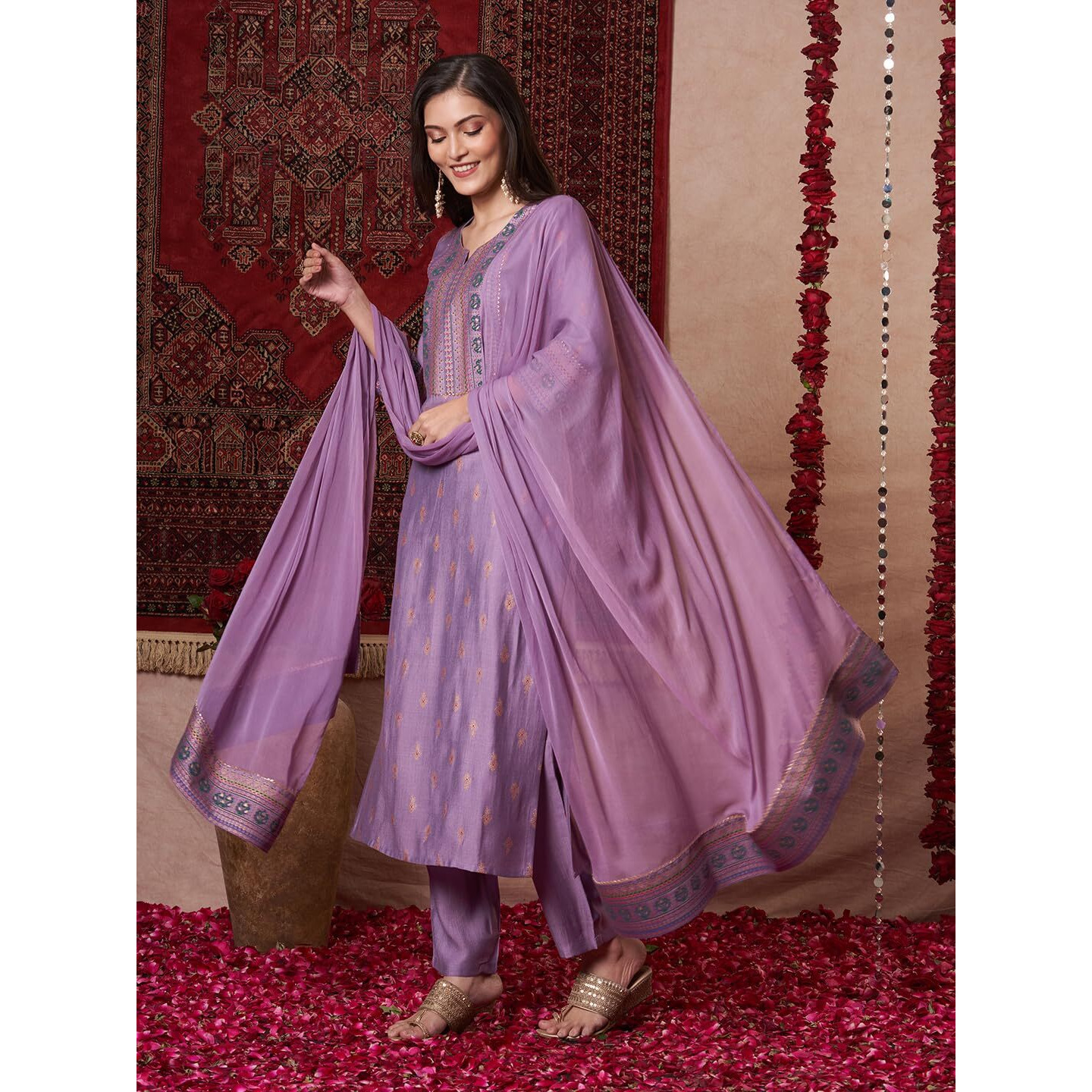 Gosriki Women's Rayon Blend Printed Straight Kurta With Pant & Dupatta (Toxic Purple-Gs_Xxl_Purple_Xx-Large)
