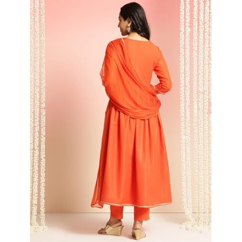 Gosriki Women's Rayon Blend Embroidered Anarkali Kurta With Pant & Dupatta (Sharvali Orange-Gs_L_Orange_Large)