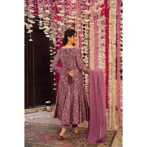 Gosriki Women's Rayon Viscose A-Line Printed Kurta With Pant & Dupatta (Madayanti Purple-Gs_L_Purple_Large)