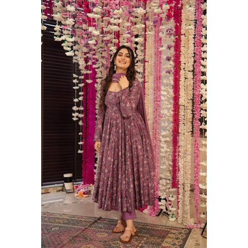 Gosriki Women's Rayon Viscose A-Line Printed Kurta With Pant & Dupatta (Madayanti Purple-Gs_L_Purple_Large)
