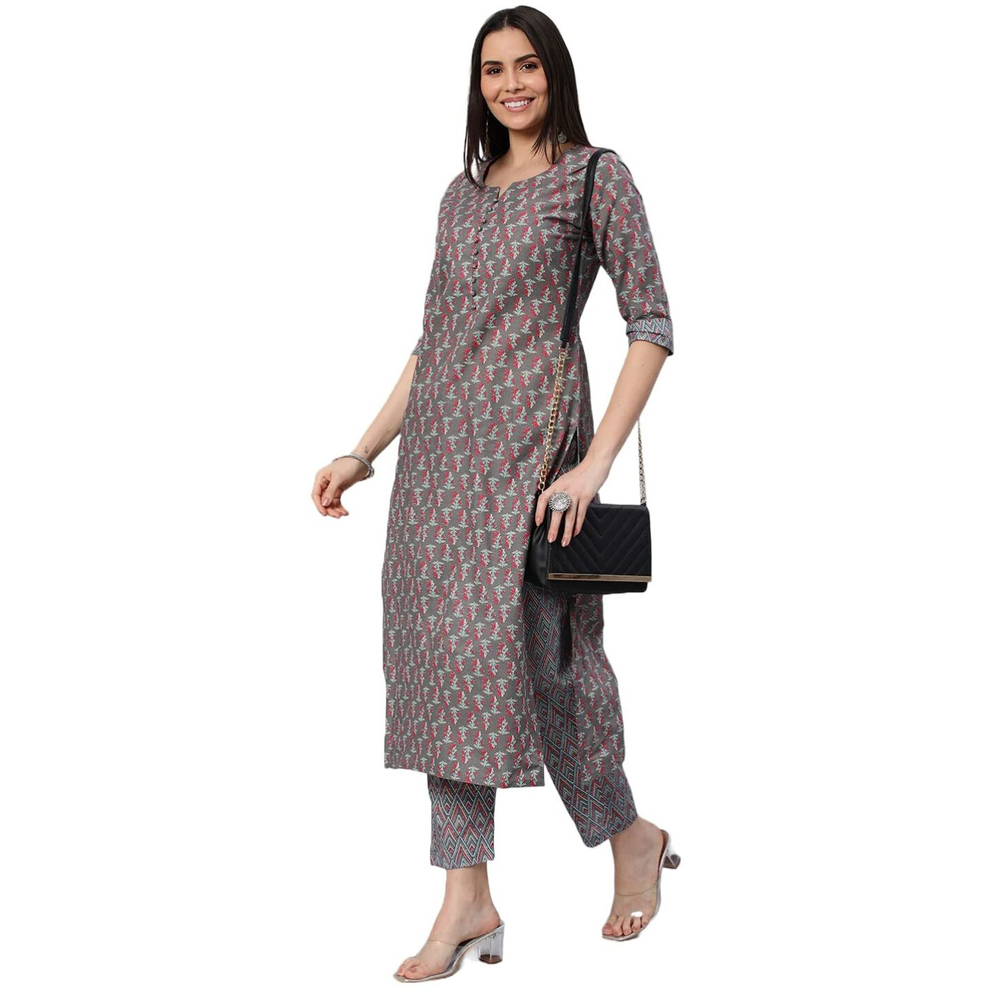 Gosriki Women's Cotton Blend Straight Printed Kurta With Pant (Padwil Grey-Nw6-Gs_Xxl_Grey_Xx-Large)