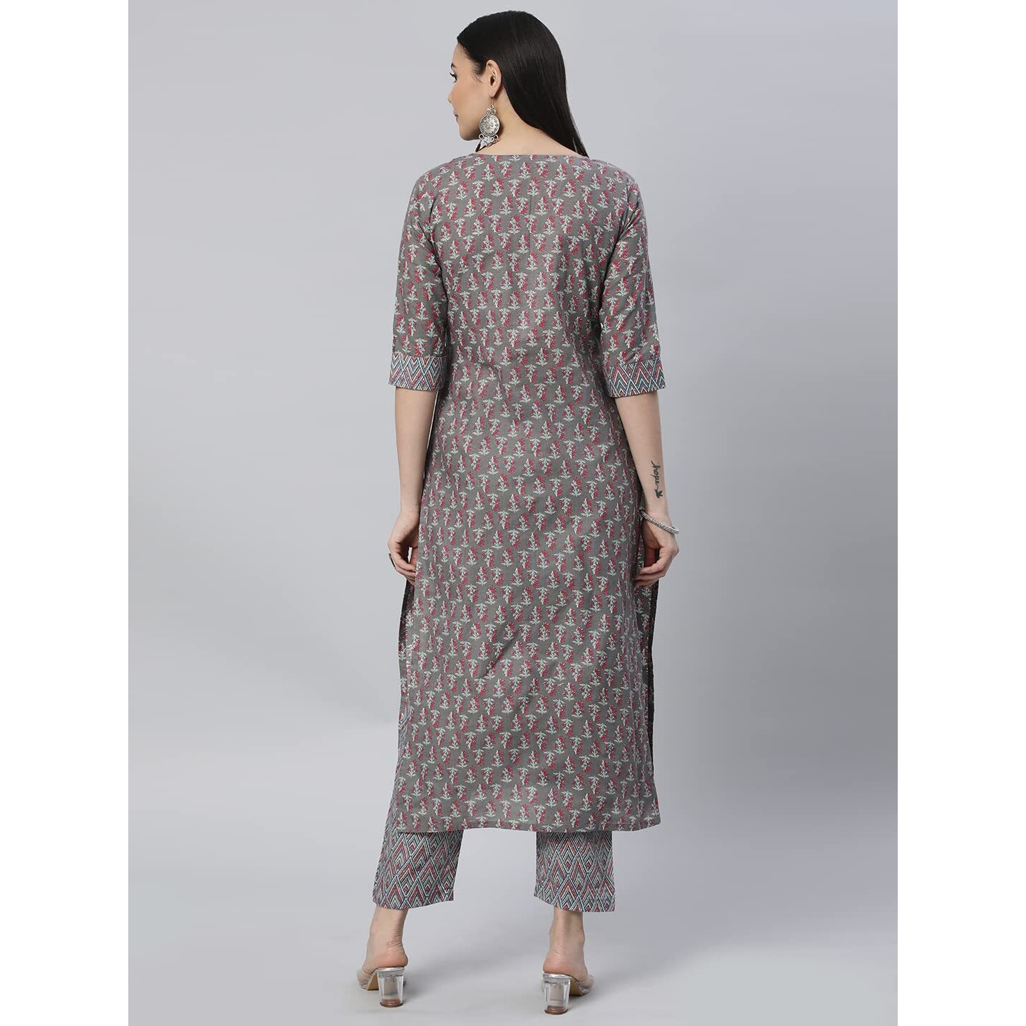Gosriki Women's Cotton Blend Straight Printed Kurta With Pant (Padwil Grey-Nw6-Gs_Xxl_Grey_Xx-Large)