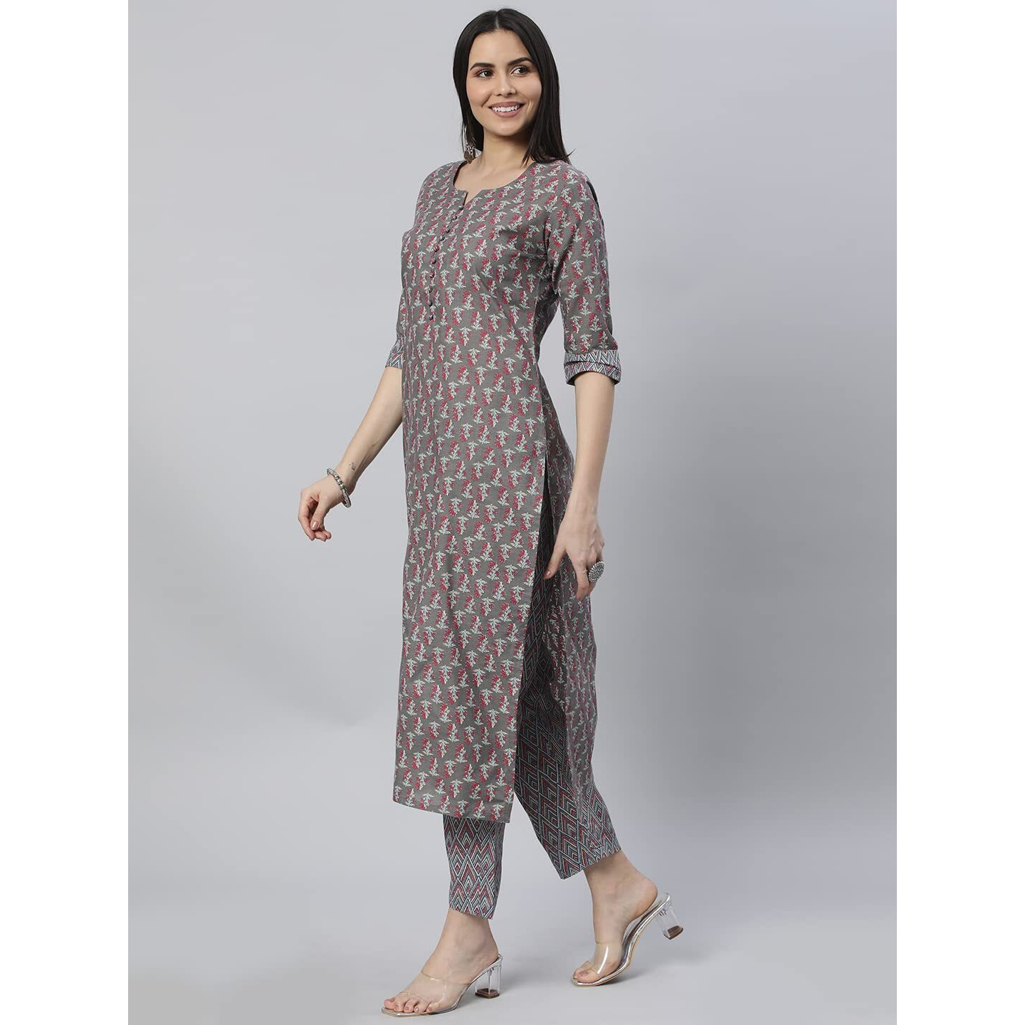 Gosriki Women's Cotton Blend Straight Printed Kurta With Pant (Padwil Grey-Nw6-Gs_Xxl_Grey_Xx-Large)