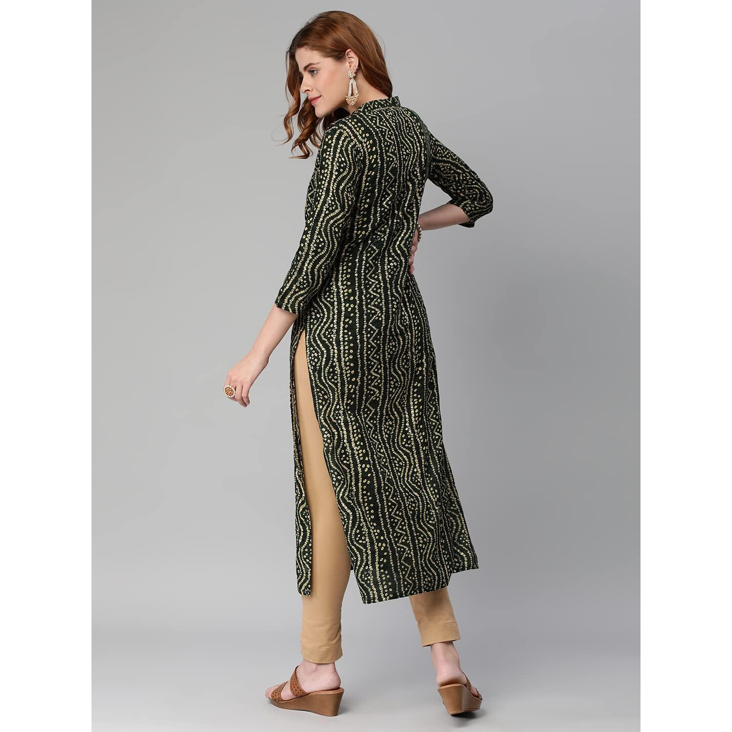 Gosriki Women's Pure Cotton Rayon Bandhani Printed With Embroidered Straight Kurta (Rugari-Green-Jan42-Gs_L_Green_Large)