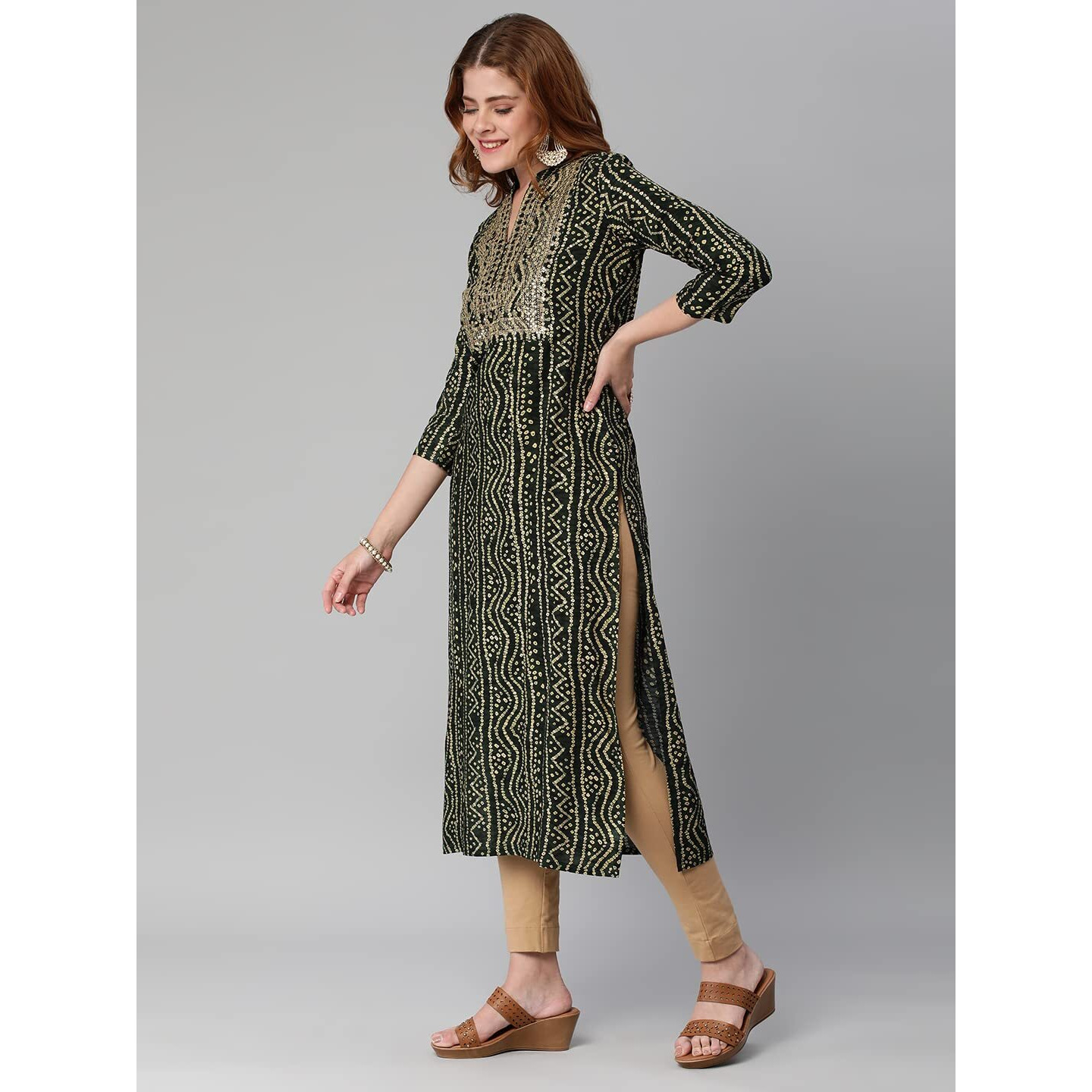 Gosriki Women's Pure Cotton Rayon Bandhani Printed With Embroidered Straight Kurta (Rugari-Green-Jan42-Gs_L_Green_Large)