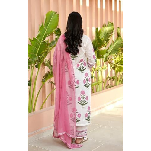 Gosriki Women's Rayon Viscose Straight Printed Kurta With Pant & Dupatta (Dayita Pink-Vks01-Gs_S_Pink_Small)