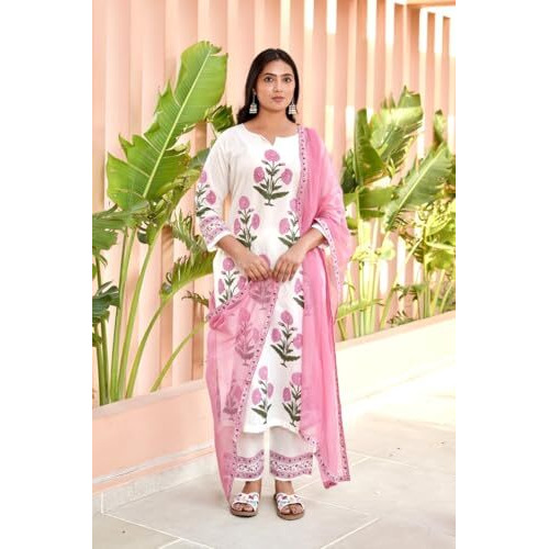 Gosriki Women's Rayon Viscose Straight Printed Kurta With Pant & Dupatta (Dayita Pink-Vks01-Gs_S_Pink_Small)