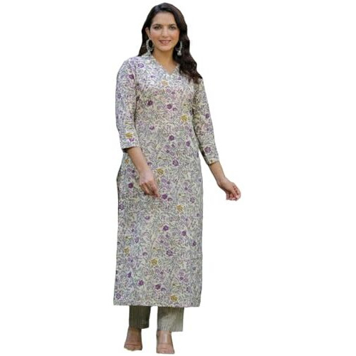 Gosriki Women's Cotton Blend Straight Printed Kurta With Pant (Dhulika Purple-Gs_Xxl_Purple_Xx-Large)