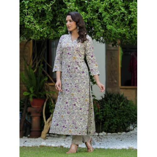 Gosriki Women's Cotton Blend Straight Printed Kurta With Pant (Dhulika Purple-Gs_Xxl_Purple_Xx-Large)